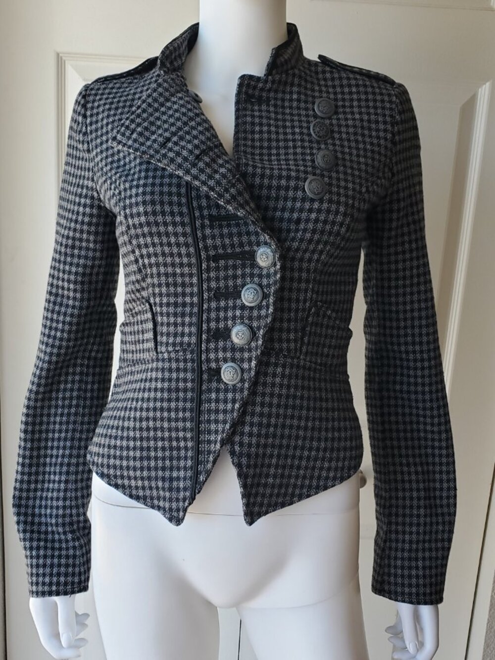 Y2k Black & White Houndstooth Military Style Button Up Jacket Sz Small